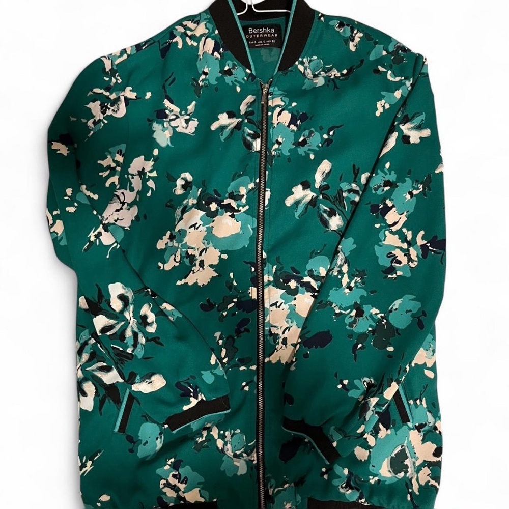 Bershka Teal Floral Bomber Jacket